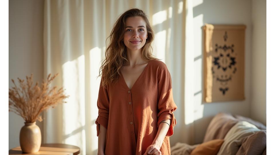 Woman wearing a stylish, naturally dyed linen dress, standing in a sunlit home with natural light and a woven basket. The scene embodies elegant sustainability.