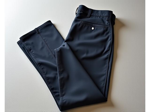 A pair of modern, tailored trousers made from recycled polyester, folded neatly and accompanied by a small swatch of the recycled fabric.