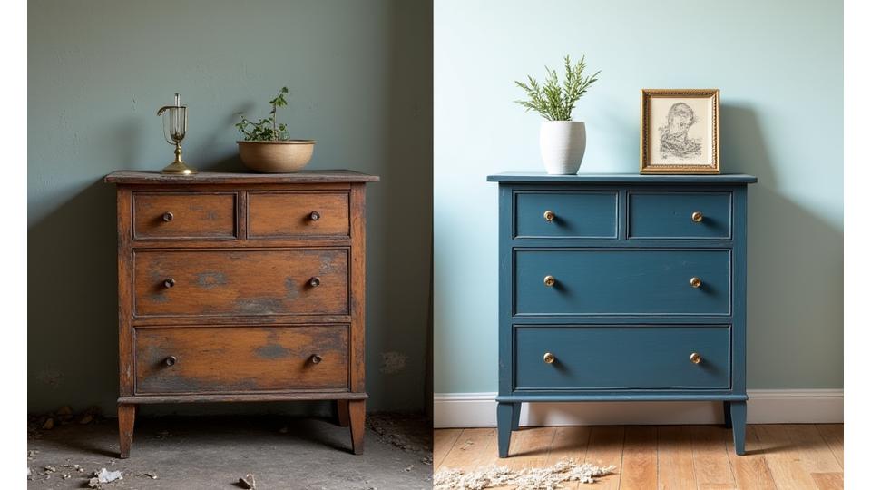 A split image showing a 'before' dilapidated wooden cabinet next to an 'after' beautifully restored and painted cabinet, highlighting the transformation.