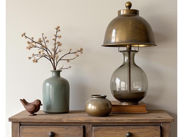 A collection of eclectic vintage home decor items - a brass lamp, an old globe, and a ceramic vase - artfully arranged on a reclaimed wood shelf.