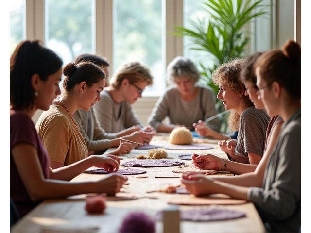 A diverse group of adults intently listening to an instructor at a textile art workshop table, focusing on natural dyeing or mending techniques in a well-lit studio.