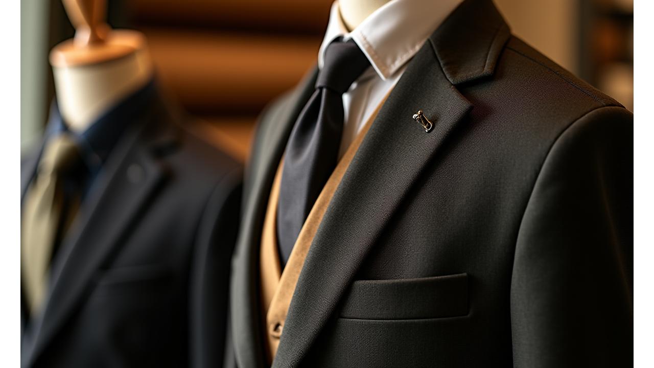 Close up of a bespoke suit being fitted on a mannequin, showcasing craftsmanship