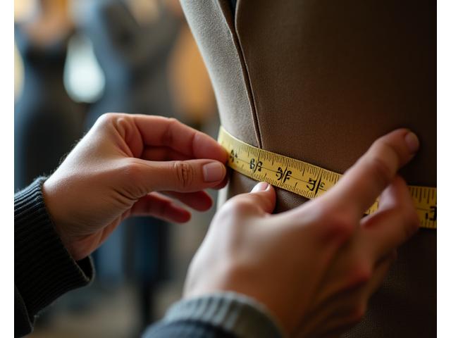 Close up of a tailor's hands at work, measuring and pinning fabric