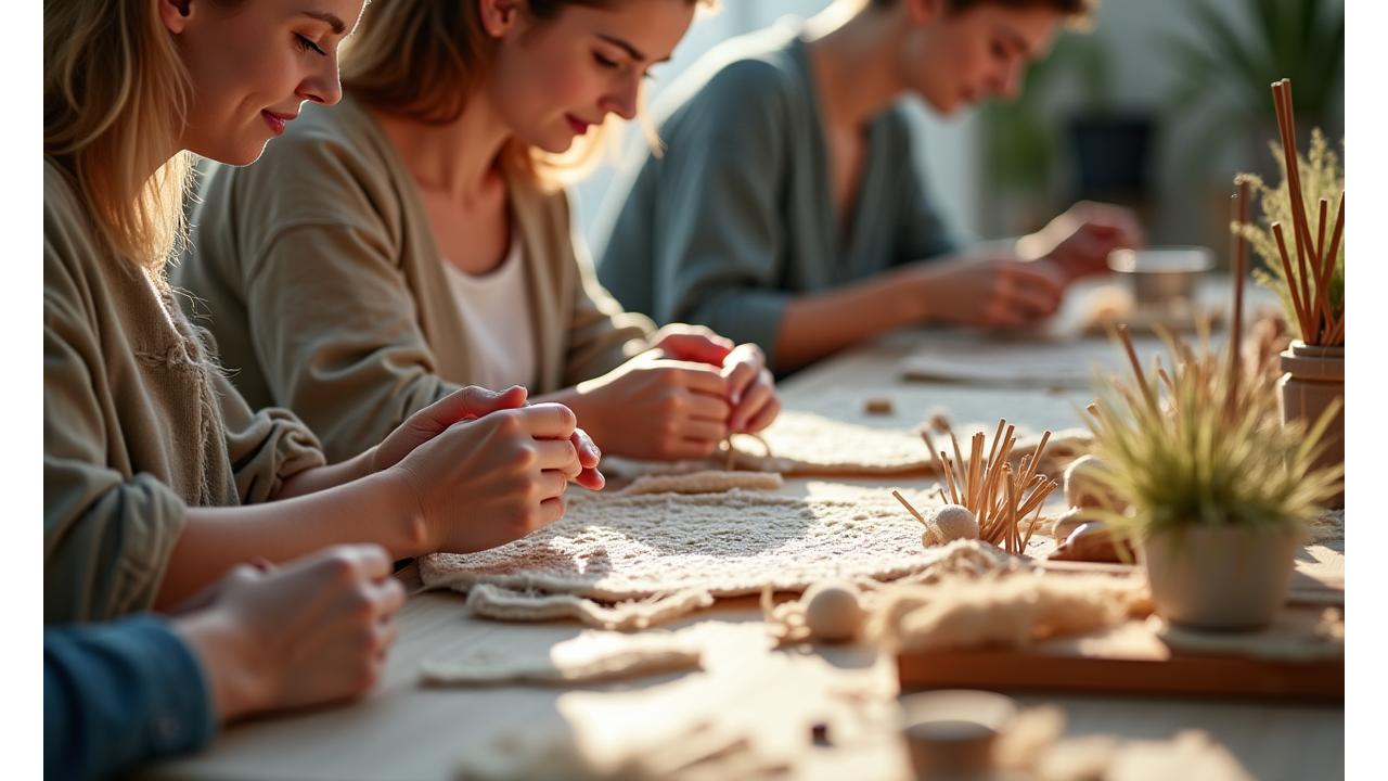 A group of people happily engaging in a textile artistry workshop, with soft focus on their hands and creations