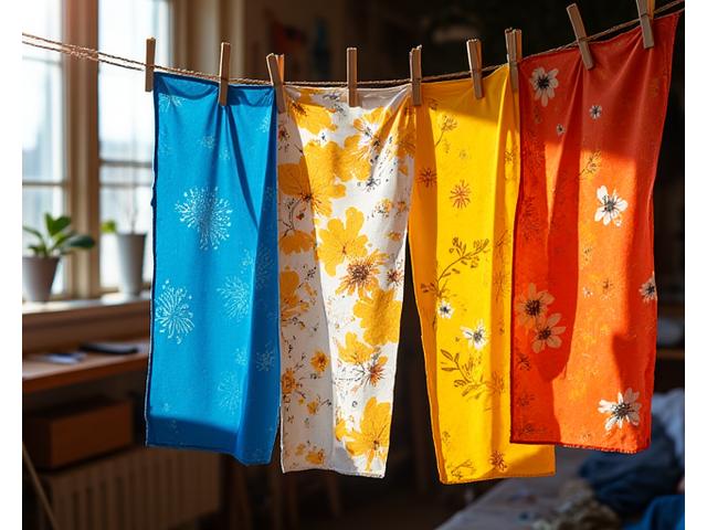 Brightly colored hand-printed fabrics hanging to dry, showcasing bold patterns and contemporary designs in an artist's studio.