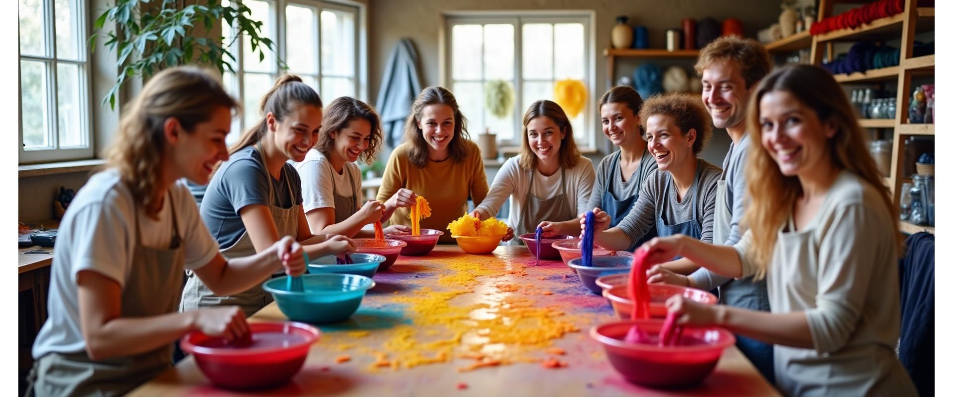 Diverse group of smiling adults engaged in a vibrant fabric dyeing workshop, hands stained with natural dyes, fabrics drying on lines, creating a joyful, bustling scene in a well-lit studio.