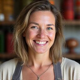 Portrait of Elara Vance, a warm and encouraging woman with an engaging smile, dressed in comfortable artisan clothing, surrounded by colourful threads and textiles.