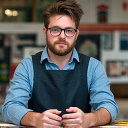 Portrait of Liam O'Connell, a thoughtful man with a friendly expression, demonstrating a fabric printing technique with precision, surrounded by screens and vibrant inks.