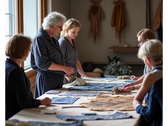A renowned textile artist demonstrating an advanced technique to a small group of attentive students, with complex, detailed fabric work on display.