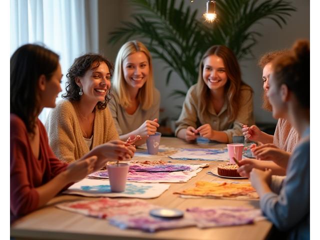 A small, joyful group of friends laughing and collaborating on a textile project around a large table, celebrating a special occasion.