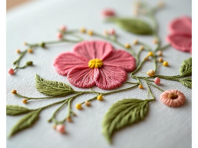 Close-up of a beautifully embroidered floral design on a natural linen bag, showcasing delicate stitching and vibrant thread colours.