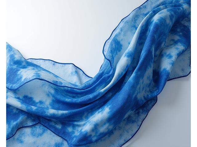 A dynamic photo of a hand-dyed silk scarf with swirling blue and white patterns, draped elegantly, showing off the vibrant indigo hues.