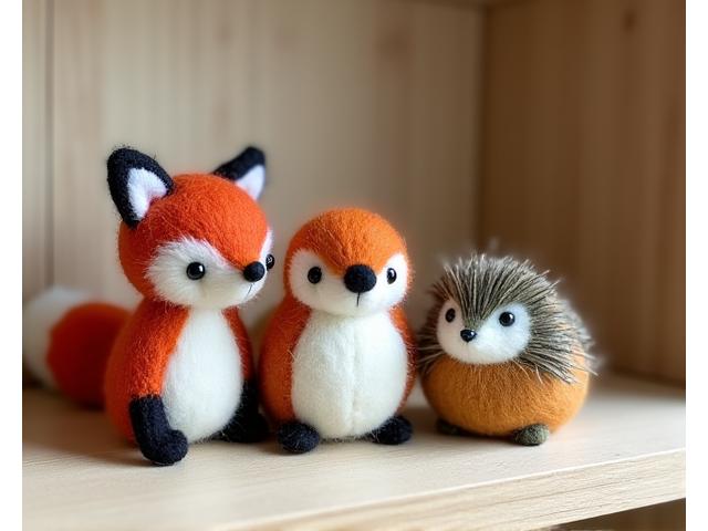 A collection of small, whimsical needle-felted animal sculptures with charming details and rich, soft textures, displayed on a wooden shelf.