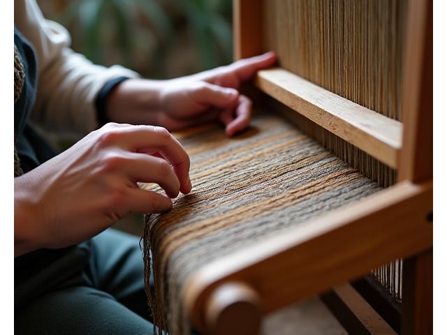 Close-up of hands weaving intricate patterns on a traditional wooden loom, threads in muted earthy tones.